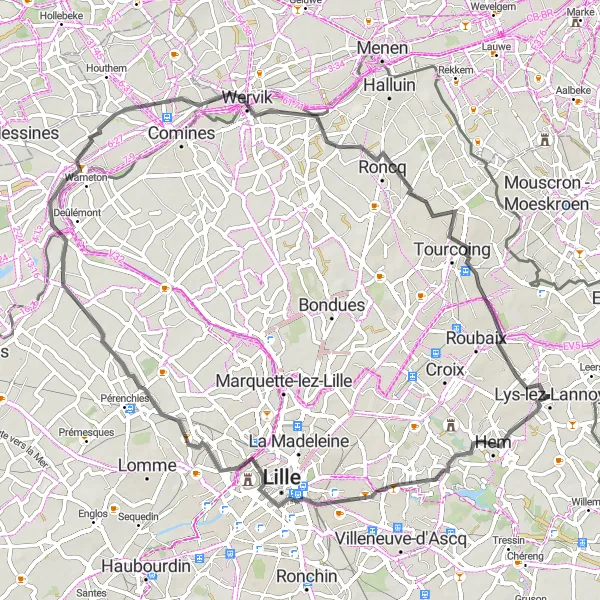 Miniature de la carte de l'inspiration cycliste "Escapade à Fives et ses Environs" dans la Nord-Pas de Calais, France. Générée par le planificateur d'itinéraire cycliste Tarmacs.app