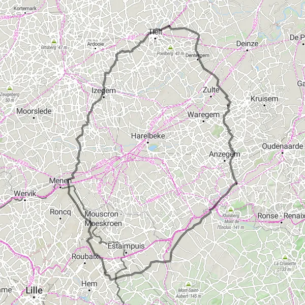 Miniature de la carte de l'inspiration cycliste "Le Tour de la Campagne Flamande" dans la Nord-Pas de Calais, France. Générée par le planificateur d'itinéraire cycliste Tarmacs.app