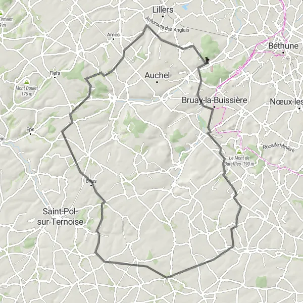 Miniature de la carte de l'inspiration cycliste "Le Tour de Houdain" dans la Nord-Pas de Calais, France. Générée par le planificateur d'itinéraire cycliste Tarmacs.app