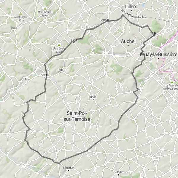 Miniature de la carte de l'inspiration cycliste "Le Tour de Bajus" dans la Nord-Pas de Calais, France. Générée par le planificateur d'itinéraire cycliste Tarmacs.app