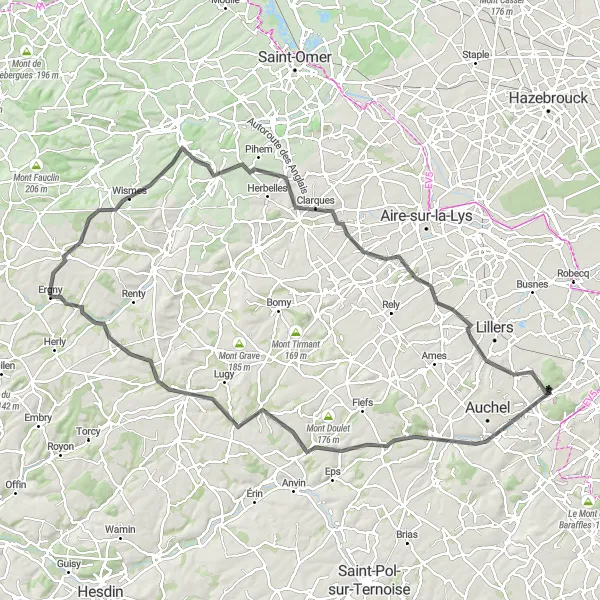 Miniature de la carte de l'inspiration cycliste "Le défi des montagnes de Nord-Pas de Calais" dans la Nord-Pas de Calais, France. Générée par le planificateur d'itinéraire cycliste Tarmacs.app