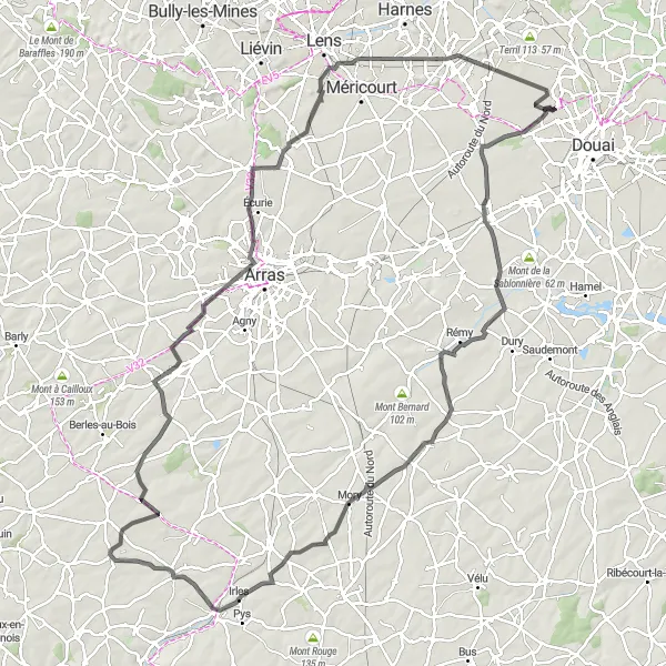 Map miniature of "The Battlefields Ride" cycling inspiration in Nord-Pas de Calais, France. Generated by Tarmacs.app cycling route planner