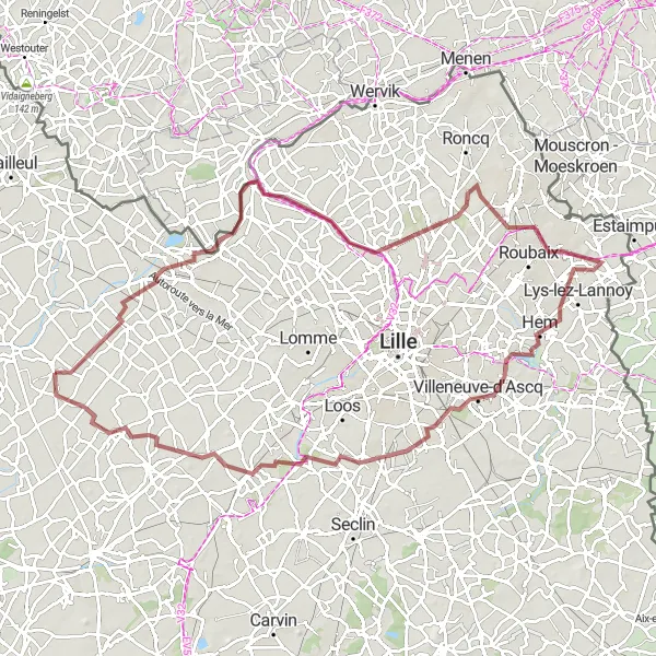 Miniature de la carte de l'inspiration cycliste "Parcours de VTT autour de Laventie" dans la Nord-Pas de Calais, France. Générée par le planificateur d'itinéraire cycliste Tarmacs.app