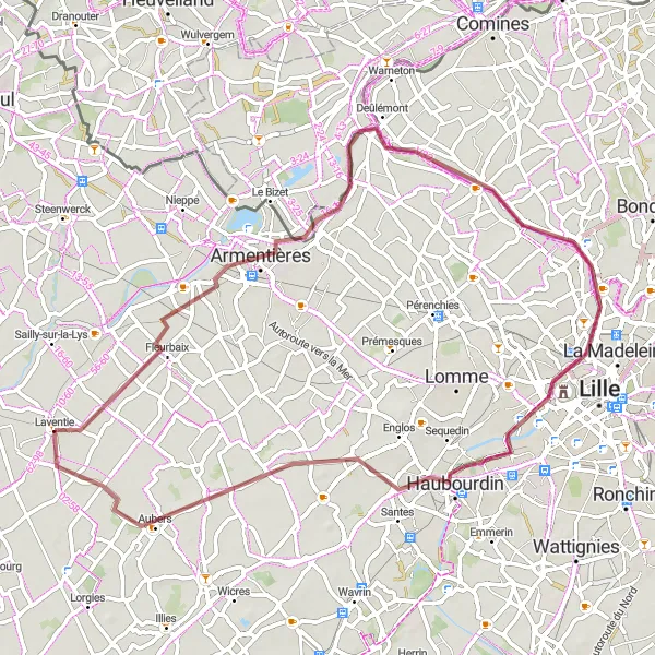 Miniature de la carte de l'inspiration cycliste "Parcours de VTT tranquille près de Laventie" dans la Nord-Pas de Calais, France. Générée par le planificateur d'itinéraire cycliste Tarmacs.app