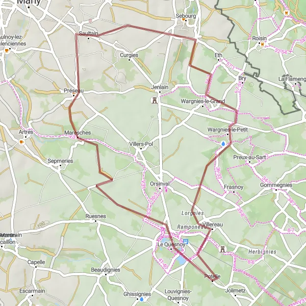 Map miniature of "Gravel Route from Le Quesnoy to Wargnies-le-Grand" cycling inspiration in Nord-Pas de Calais, France. Generated by Tarmacs.app cycling route planner