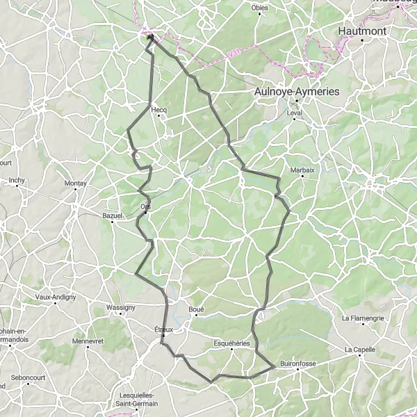 Map miniature of "Grand Tour from Le Quesnoy" cycling inspiration in Nord-Pas de Calais, France. Generated by Tarmacs.app cycling route planner