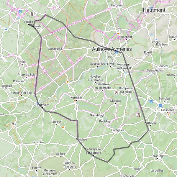 Map miniature of "Road Route from Le Quesnoy to Landrecies" cycling inspiration in Nord-Pas de Calais, France. Generated by Tarmacs.app cycling route planner