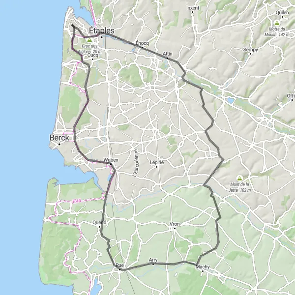 Map miniature of "Montreuil-sur-Mer Loop" cycling inspiration in Nord-Pas de Calais, France. Generated by Tarmacs.app cycling route planner