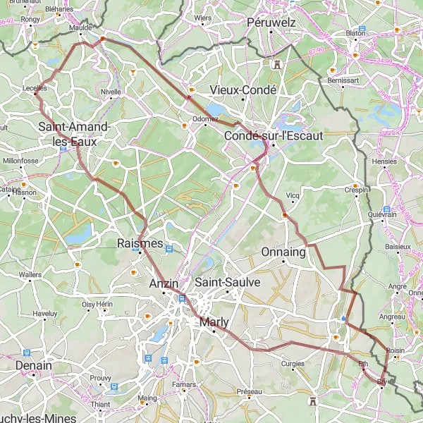 Miniature de la carte de l'inspiration cycliste "Parcours VTT aventureux autour de Lecelles" dans la Nord-Pas de Calais, France. Générée par le planificateur d'itinéraire cycliste Tarmacs.app