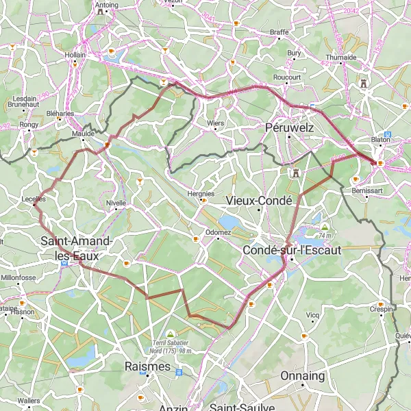 Miniature de la carte de l'inspiration cycliste "Parcours VTT autour de Lecelles" dans la Nord-Pas de Calais, France. Générée par le planificateur d'itinéraire cycliste Tarmacs.app