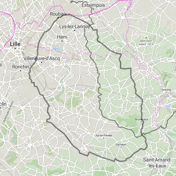 Miniature de la carte de l'inspiration cycliste "Parcours de Roubaix à Wez-Velvain" dans la Nord-Pas de Calais, France. Générée par le planificateur d'itinéraire cycliste Tarmacs.app