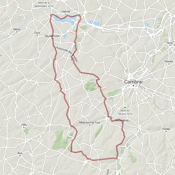 Map miniature of "Exploring Sauchy-Cauchy and Havrincourt" cycling inspiration in Nord-Pas de Calais, France. Generated by Tarmacs.app cycling route planner