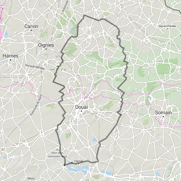 Map miniature of "Lécluse to Arleux Road Route" cycling inspiration in Nord-Pas de Calais, France. Generated by Tarmacs.app cycling route planner