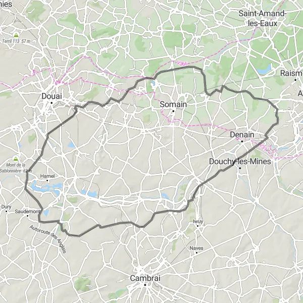 Miniature de la carte de l'inspiration cycliste "Route d'Épinoy" dans la Nord-Pas de Calais, France. Générée par le planificateur d'itinéraire cycliste Tarmacs.app