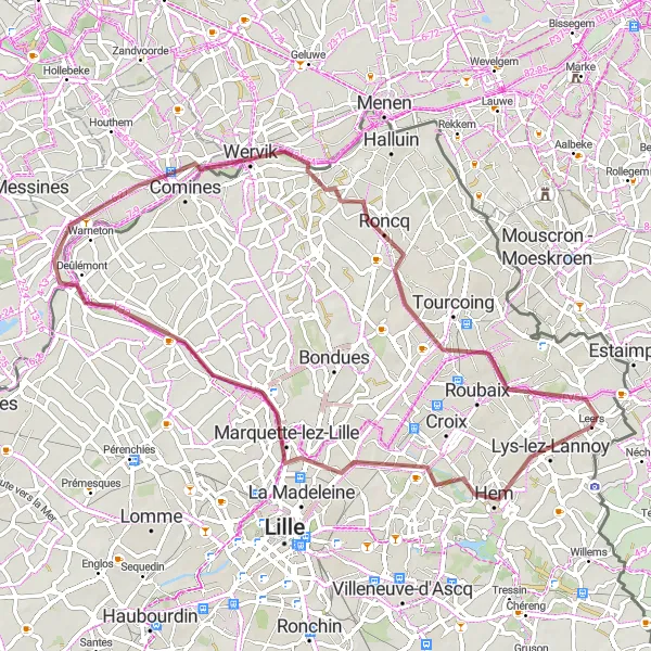 Miniature de la carte de l'inspiration cycliste "Les Sentiers Secrets du Nord" dans la Nord-Pas de Calais, France. Générée par le planificateur d'itinéraire cycliste Tarmacs.app