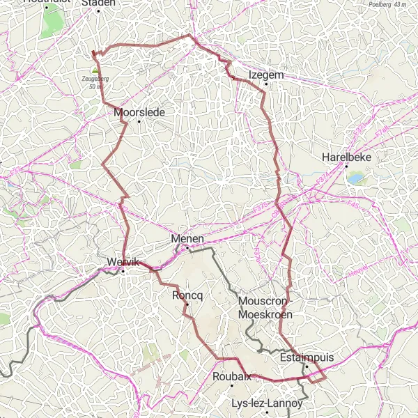 Miniature de la carte de l'inspiration cycliste "Boucle gravel Roncq - Luingne- Lowingen" dans la Nord-Pas de Calais, France. Générée par le planificateur d'itinéraire cycliste Tarmacs.app