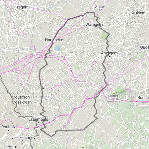 Map miniature of "Bellegem to Pecq Road Route" cycling inspiration in Nord-Pas de Calais, France. Generated by Tarmacs.app cycling route planner