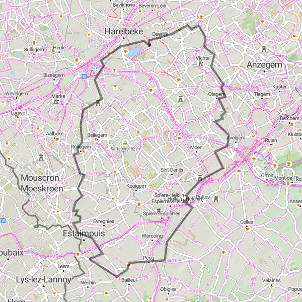 Map miniature of "Rollegem to Pecq Road Route" cycling inspiration in Nord-Pas de Calais, France. Generated by Tarmacs.app cycling route planner