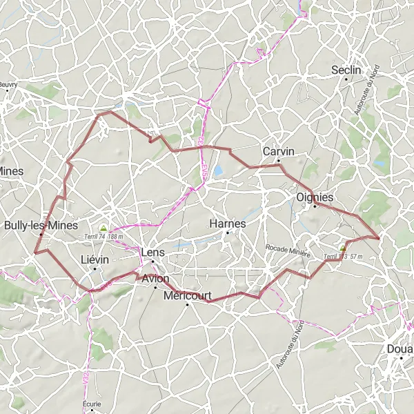 Miniature de la carte de l'inspiration cycliste "Parcours gravel des collines du Nord" dans la Nord-Pas de Calais, France. Générée par le planificateur d'itinéraire cycliste Tarmacs.app