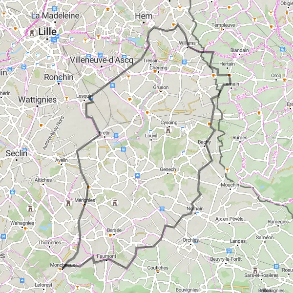 Map miniature of "Pont-à-Marcq and Auchy-lez-Orchies Road Escape" cycling inspiration in Nord-Pas de Calais, France. Generated by Tarmacs.app cycling route planner