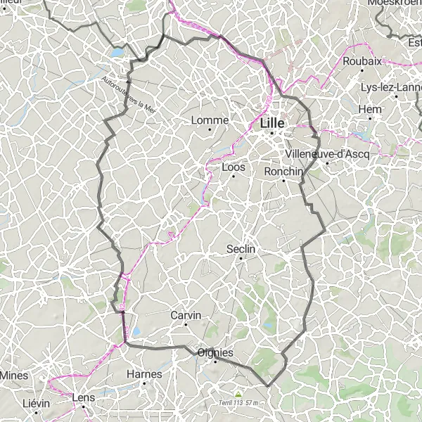 Miniature de la carte de l'inspiration cycliste "Escapade à travers les Paysages du Nord" dans la Nord-Pas de Calais, France. Générée par le planificateur d'itinéraire cycliste Tarmacs.app