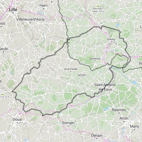 Map miniature of "Moncheaux and Saint-Amand-les-Eaux Road Adventure" cycling inspiration in Nord-Pas de Calais, France. Generated by Tarmacs.app cycling route planner