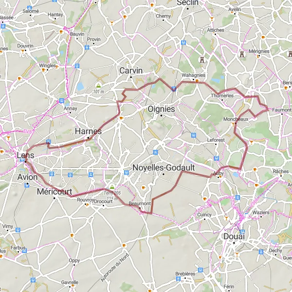 Map miniature of "Gravel Route - Lens Countryside" cycling inspiration in Nord-Pas de Calais, France. Generated by Tarmacs.app cycling route planner