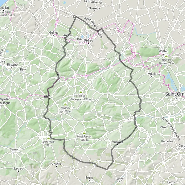 Miniature de la carte de l'inspiration cycliste "Les Attaques - Challenge des Monts Road" dans la Nord-Pas de Calais, France. Générée par le planificateur d'itinéraire cycliste Tarmacs.app