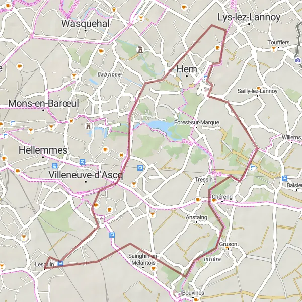 Miniature de la carte de l'inspiration cycliste "Lesquin - Bouvines Historical Ride" dans la Nord-Pas de Calais, France. Générée par le planificateur d'itinéraire cycliste Tarmacs.app