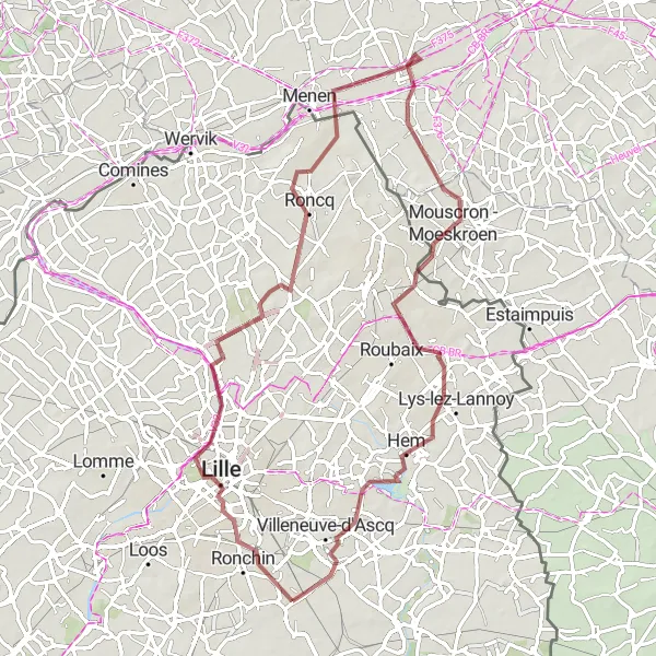 Miniature de la carte de l'inspiration cycliste "La Boucle des Frontières" dans la Nord-Pas de Calais, France. Générée par le planificateur d'itinéraire cycliste Tarmacs.app