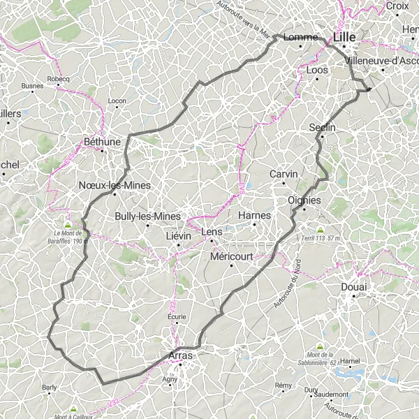 Map miniature of "Exploring the Battlefields of Nord-Pas de Calais" cycling inspiration in Nord-Pas de Calais, France. Generated by Tarmacs.app cycling route planner