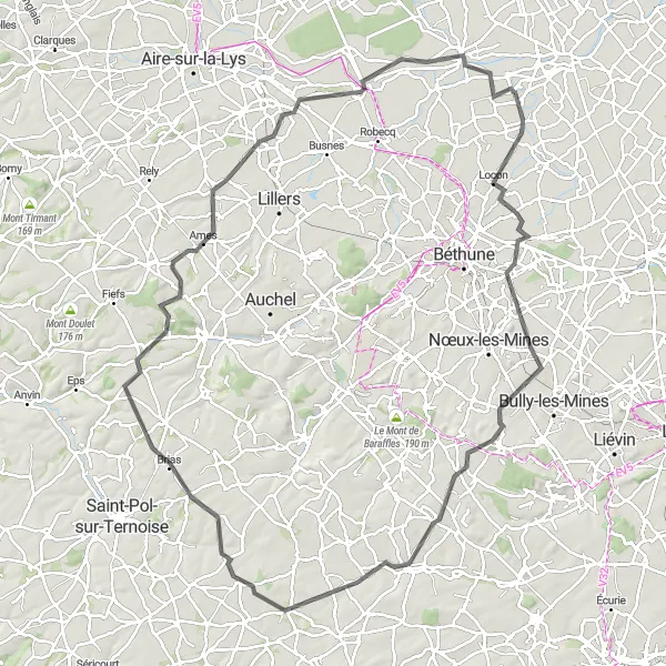 Map miniature of "Artois Discovery" cycling inspiration in Nord-Pas de Calais, France. Generated by Tarmacs.app cycling route planner