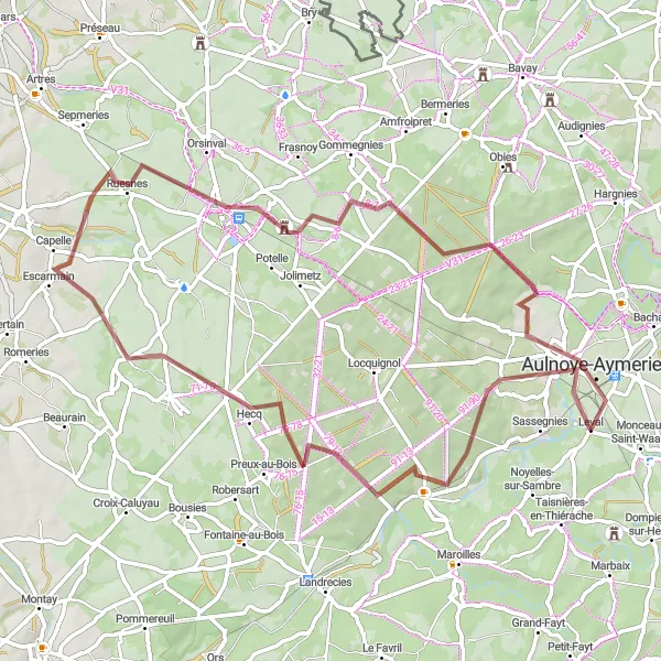 Map miniature of "Leval Loop: A Gravel Adventure" cycling inspiration in Nord-Pas de Calais, France. Generated by Tarmacs.app cycling route planner