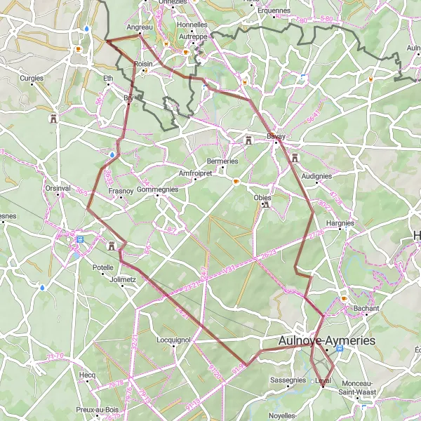 Map miniature of "Gravel Adventure in Nord-Pas de Calais" cycling inspiration in Nord-Pas de Calais, France. Generated by Tarmacs.app cycling route planner