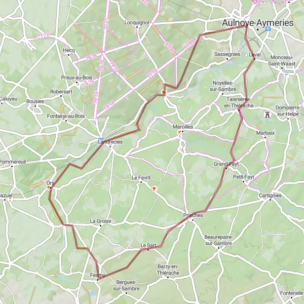 Miniature de la carte de l'inspiration cycliste "Itinéraire Gravel à Grand-Fayt et Landrecies" dans la Nord-Pas de Calais, France. Générée par le planificateur d'itinéraire cycliste Tarmacs.app