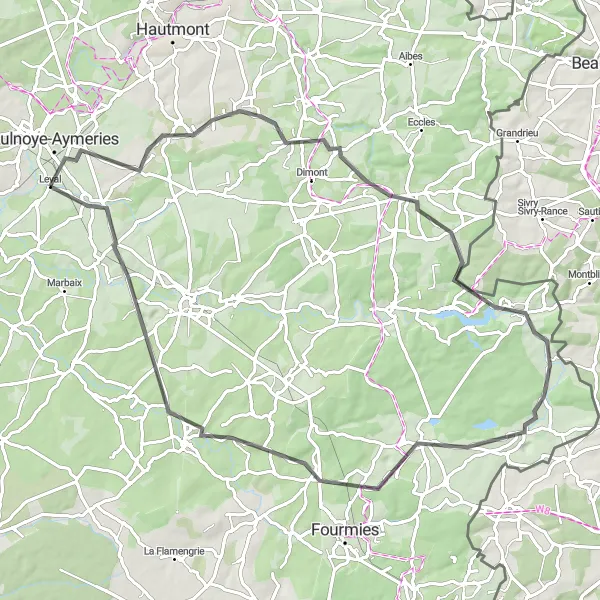 Miniature de la carte de l'inspiration cycliste "Escapade à Écuélin et Haut-Lieu" dans la Nord-Pas de Calais, France. Générée par le planificateur d'itinéraire cycliste Tarmacs.app