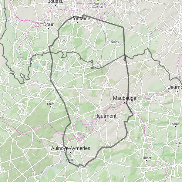 Map miniature of "Maubeuge Adventure" cycling inspiration in Nord-Pas de Calais, France. Generated by Tarmacs.app cycling route planner