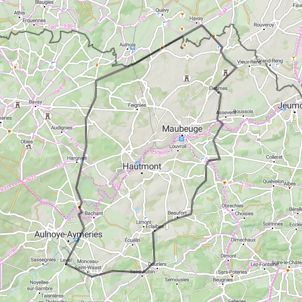 Map miniature of "Scenic Road Cycling Route in Nord-Pas de Calais" cycling inspiration in Nord-Pas de Calais, France. Generated by Tarmacs.app cycling route planner