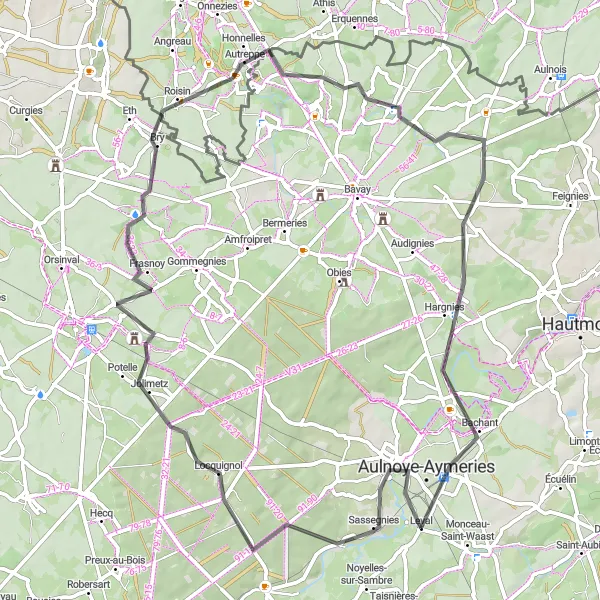 Miniature de la carte de l'inspiration cycliste "Boucle à Berlaimont et Bachant" dans la Nord-Pas de Calais, France. Générée par le planificateur d'itinéraire cycliste Tarmacs.app