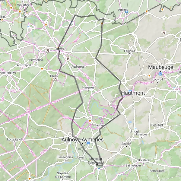 Miniature de la carte de l'inspiration cycliste "Boucle de Berlaimont" dans la Nord-Pas de Calais, France. Générée par le planificateur d'itinéraire cycliste Tarmacs.app