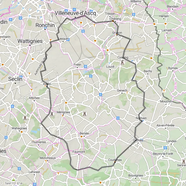 Miniature de la carte de l'inspiration cycliste "Lezennes - Cysoing - Orchies - Tourmignies - Lezennes sur route" dans la Nord-Pas de Calais, France. Générée par le planificateur d'itinéraire cycliste Tarmacs.app