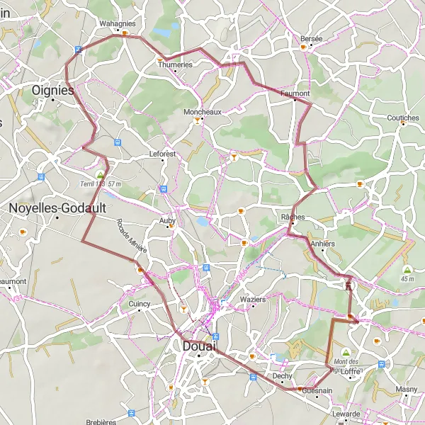 Map miniature of "Gravel Route to Courcelles-lès-Lens" cycling inspiration in Nord-Pas de Calais, France. Generated by Tarmacs.app cycling route planner