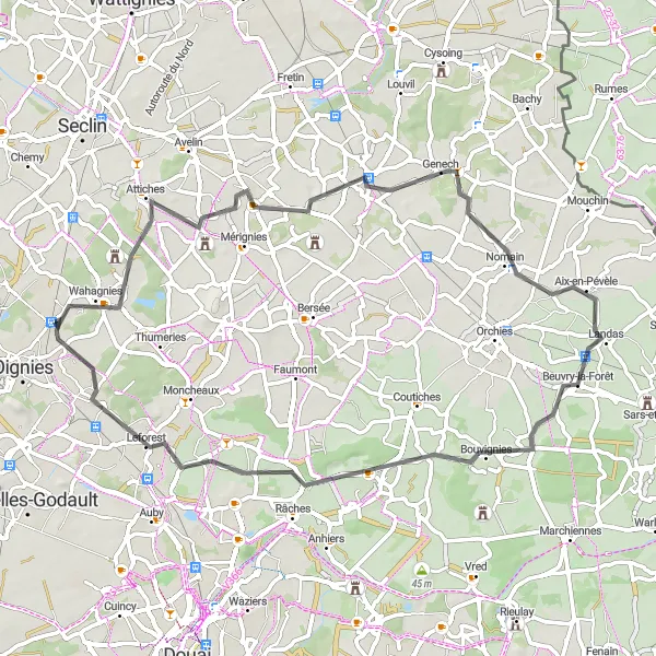 Miniature de la carte de l'inspiration cycliste "Circuit Route Attiches-Flines-lez-Raches" dans la Nord-Pas de Calais, France. Générée par le planificateur d'itinéraire cycliste Tarmacs.app