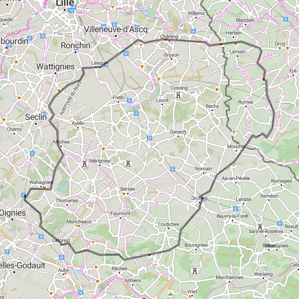 Map miniature of "The Attiches Road Adventure" cycling inspiration in Nord-Pas de Calais, France. Generated by Tarmacs.app cycling route planner