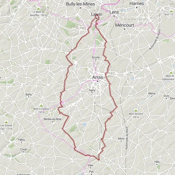 Map miniature of "Tour de Lens: A Gravel Extravaganza" cycling inspiration in Nord-Pas de Calais, France. Generated by Tarmacs.app cycling route planner