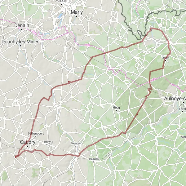 Map miniature of "Exploring the Bavay Forest" cycling inspiration in Nord-Pas de Calais, France. Generated by Tarmacs.app cycling route planner