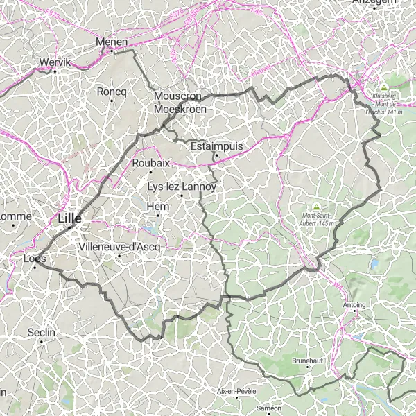 Miniature de la carte de l'inspiration cycliste "Tour de la Frontière Franco-Belge" dans la Nord-Pas de Calais, France. Générée par le planificateur d'itinéraire cycliste Tarmacs.app