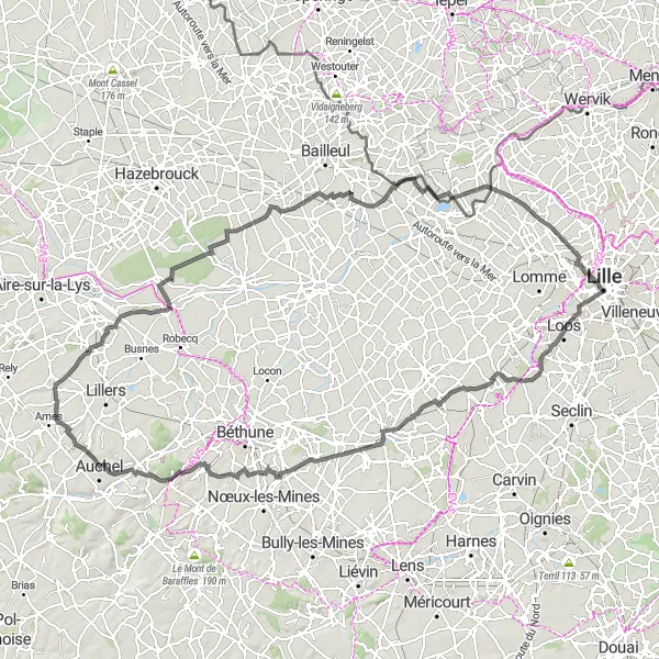 Miniature de la carte de l'inspiration cycliste "Randonnée au coucher du soleil" dans la Nord-Pas de Calais, France. Générée par le planificateur d'itinéraire cycliste Tarmacs.app