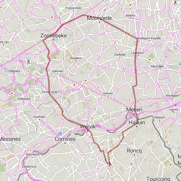 Map miniature of "The Flanders Gravel Adventure" cycling inspiration in Nord-Pas de Calais, France. Generated by Tarmacs.app cycling route planner