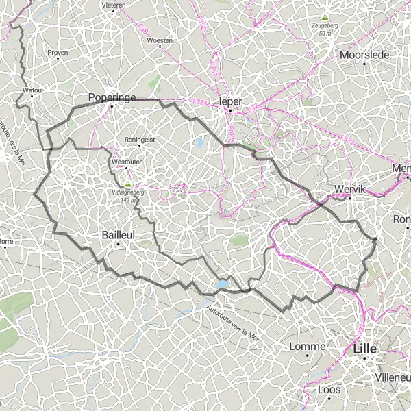 Miniature de la carte de l'inspiration cycliste "L'aventure flamande" dans la Nord-Pas de Calais, France. Générée par le planificateur d'itinéraire cycliste Tarmacs.app